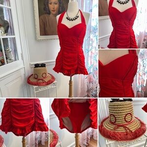 Vintage Jantzen Red Halter Swimsuit with Ruffle Details